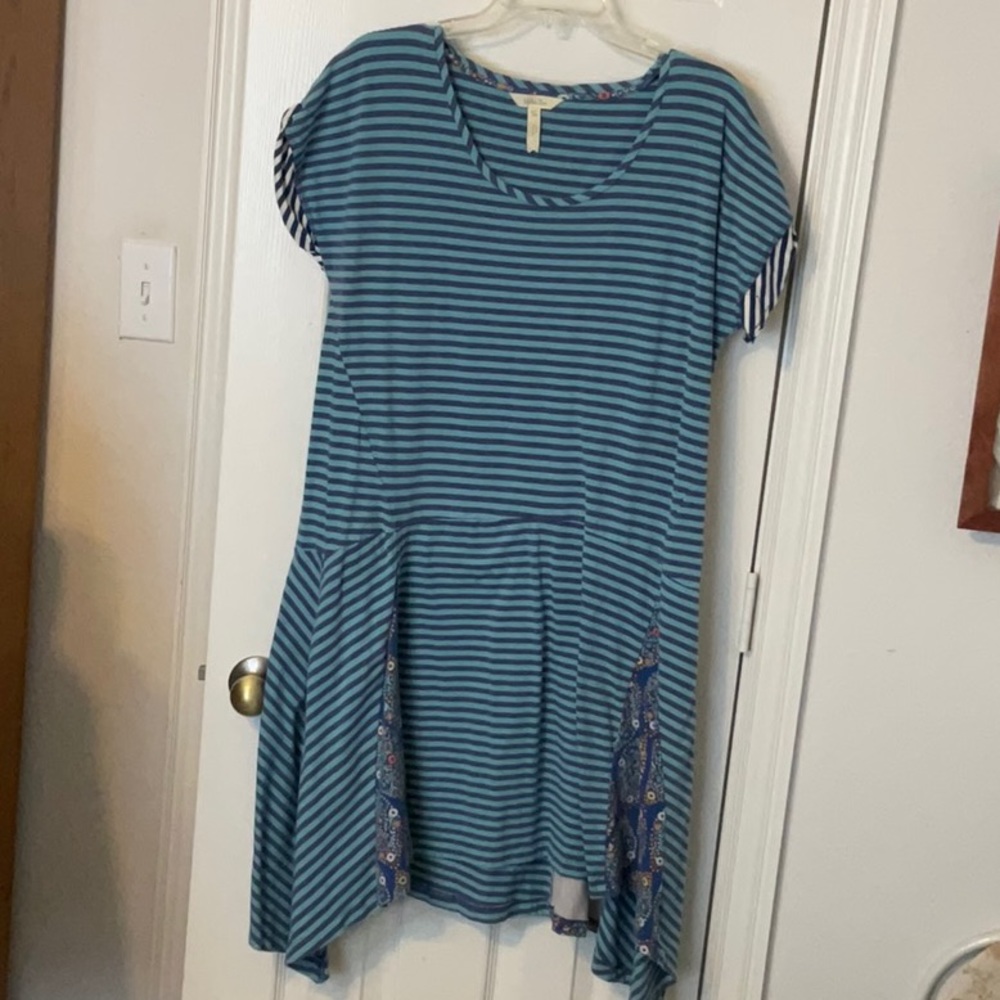 Matilda Jane XL dress blue stripes, handkerchief hem